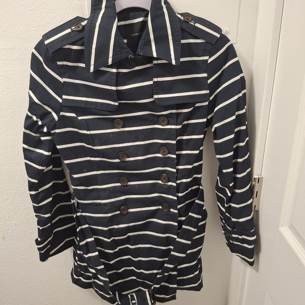 Banana Republic Womens Striped Double-Breasted Trench Coat Petite XS Navy  White